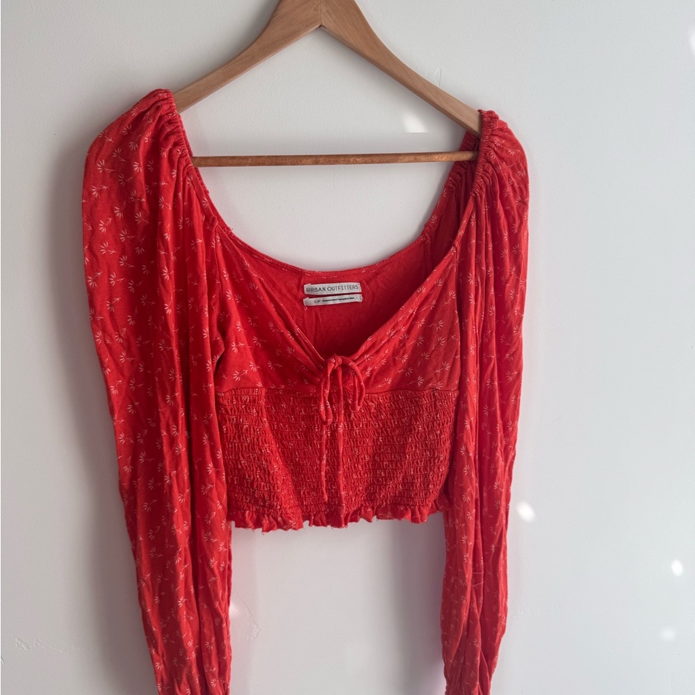 Urban Outfitters Red Smocked Tie-Front Crop Top